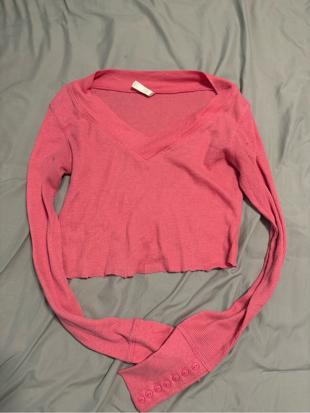 Cropped Waffle V-Neck Long Sleeve Top - Pink